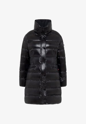 Black glossy long puffer coat with high collar, front zipper and buttons, and zippered side pockets, designed for cold weather.