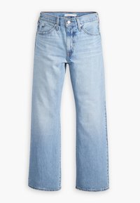 Light blue denim jeans with a wide leg design, two front pockets, and a front button closure. Features a faded texture with visible stitching.