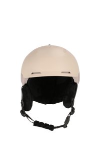 Weißer Skihelm mit glatter Außenseite, gepolstertem schwarzem Innenfutter, verstellbarem Riemen und Belüftungsöffnungen oben.