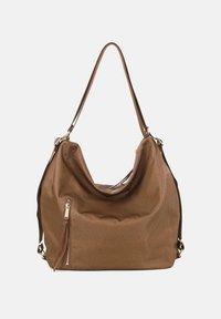 Borsa hobo marrone, texturizzata, con un design morbido, una tasca frontale con cerniera e una sola tracolla. Accentuata da dettagli in oro.