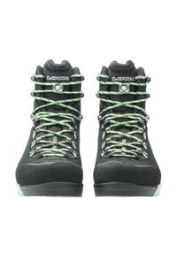 Een paar zwart-groene hoge wandelschoenen met groene veters en gevoerde kraag, met "LOWA"-logo op de tong.