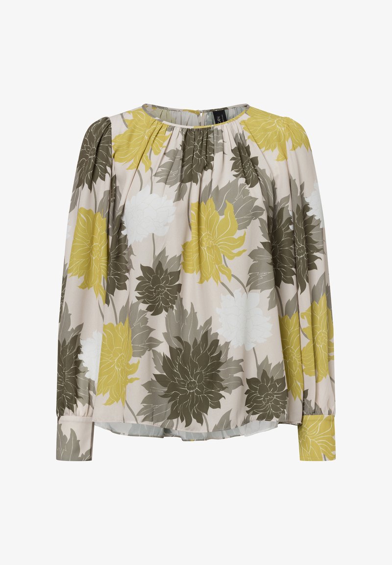 Bluse mit langen Ärmeln und floralem Muster, gefalteter Ausschnitt, mit gelben, grünen und weißen Blumenmustern auf einem beigen Hintergrund. Weicher Stoff.