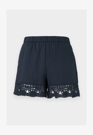 Σορτς σε ναυτικό μπλε χρώμα με ελαστική μέση και διακοσμητική δαντέλα με λουλούδια στο τελείωμα, υφασμένο ελαφρύ ύφασμα.