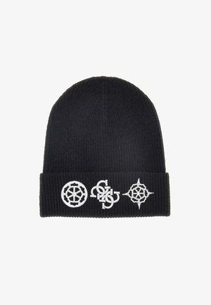 Gorrito de punto acanalado negro con diseños bordados en blanco, que incluyen cuatro logos o símbolos en la banda doblada. Textura suave, ajuste ceñido.