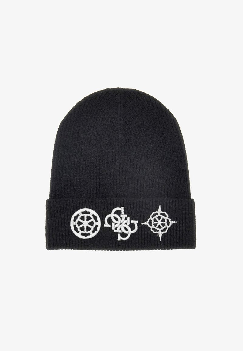 Zwarte geribbelde gebreide beanie met witte geborduurde designs, waaronder vier logo's of symbolen op de opgevouwen band. Zachte textuur, aansluitende pasvorm.