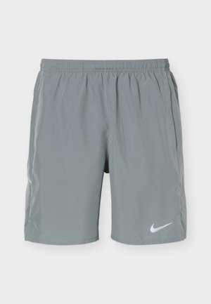 Shorts de sport gris clair avec ceinture élastique et logo Nike sur la jambe inférieure gauche, présentés sur un fond uni.