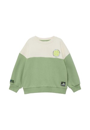 Kinder-Sweatshirt mit langen Ärmeln in Hellgrün und Creme, mit einem Tennisball-Grafik und Text auf der Brust sowie Logopatches am Saum und am Ärmel.