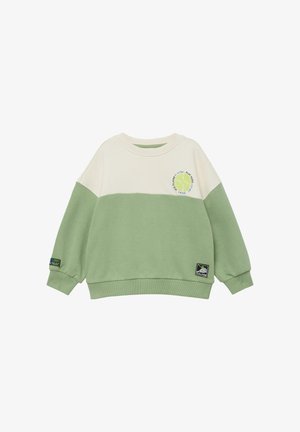 Kindersweatshirt met lange mouwen in lichtgroen en crème, met een tennisbalafbeelding en tekst op de borst, en logopatches op de zoom en mouw.