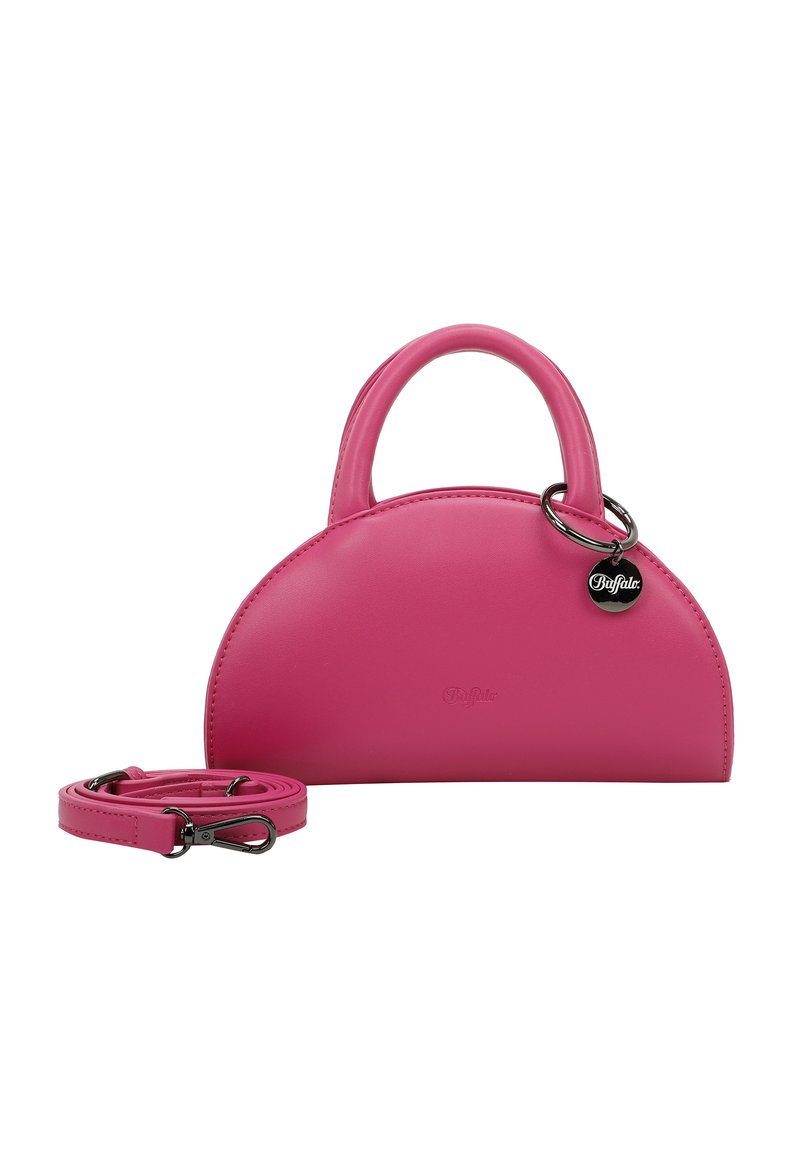 Roze vegan leren handtas met een ronde vorm, korte hengsels en een afneembare schouderband. Beschikt over een zilveren hardware accent en logo.