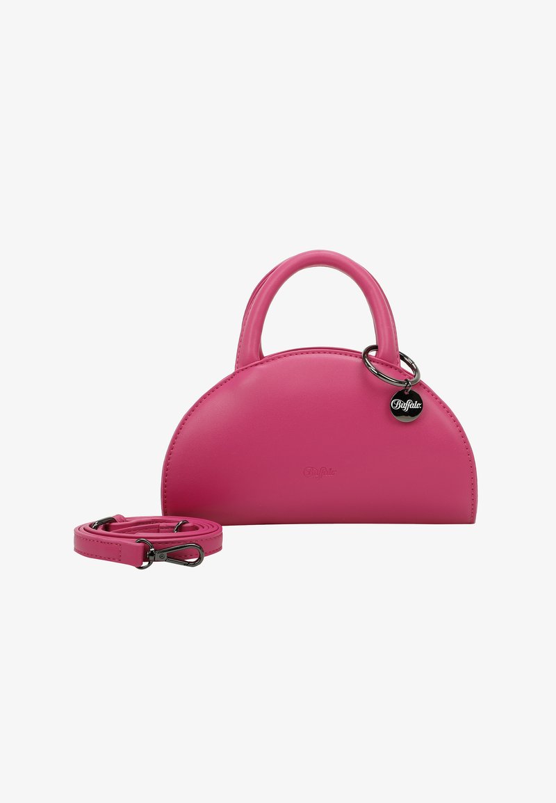 Roze vegan leren handtas met een ronde vorm, korte hengsels en een afneembare schouderband. Beschikt over een zilveren hardware accent en logo.