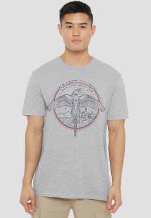 Young man wearing light gray T-shirt with black and red phoenix design and the text "The Order of the Phoenix" on front