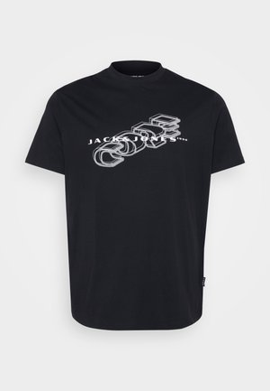 Črna bombažna majica s kratkimi rokavi in okroglim ovratnikom, z belim linearno grafičnim dizajnom ter napisom "JACK & JONES 1990" spredaj.