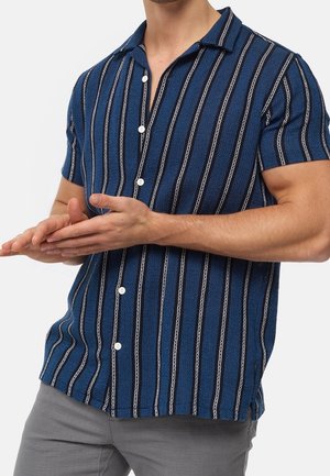 Homme portant une chemise bleue à manches courtes avec des rayures verticales noires et blanches, gesticulant avec les mains, et un pantalon gris.