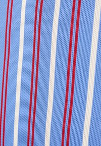 Tessuto a righe con uno sfondo blu chiaro, caratterizzato da righe verticali rosse e bianche. La texture appare tessuta ed elastica.