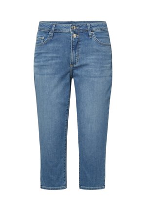 Blaue, verkürzte Denim-Jeans mit hoher Taille, vorderer Knopfverschluss und Fünf-Taschen-Design.