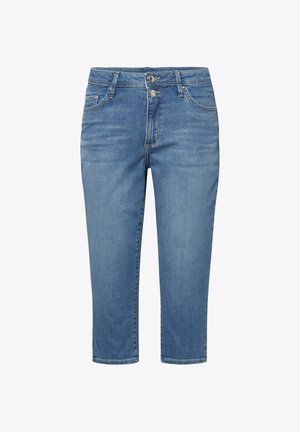 Blue denim cropped jeans with a high waist, front button closure, and five-pocket design.