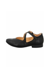 Schwarze Leder-Mary-Jane-Schuhe mit niedrigem Absatz, rundem Zehenbereich und einem Kreuzriemendesign. Sie verfügen über eine glatte Oberfläche und ein beiges Innenfutter.