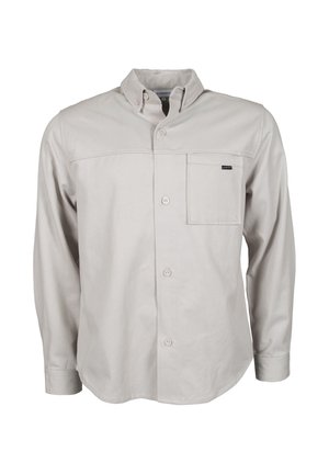 Hellgraues langärmeliges Hemd mit Knöpfen, knöpfbarem Kragen und Brusttasche auf der linken Seite.