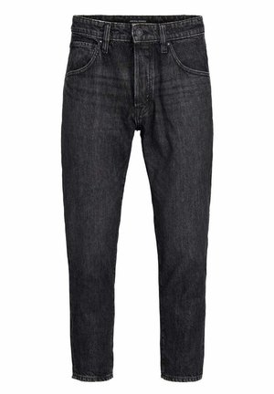 Black high-waisted straight-leg jeans with front button and zipper closure, belt loops, and two front pockets.
