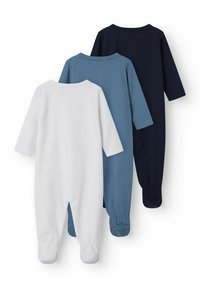 Tre långärmade bodysuits: vit, ljusblå och marinblå. Var och en har mjukt tyg, elastiska ärmslut och en enkel rundhalsdesign.