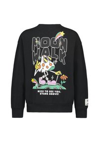 Schwarzer Sweatshirt mit einem bunten Grafikdesign und dem Text "MOON WALK". Enthält eine Figur mit Sonnenbrille, Blumen und Sternen.