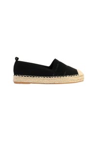 Espadrille noire à enfiler avec semelle en jute tissée et dessus en tissu texturé, bout arrondi et petite boucle au talon.
