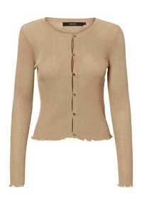 Cardigan beige a coste con maniche lunghe, scollatura rotonda e orlo scallop. Presenta sei bottoni sulla parte anteriore e un design aderente.
