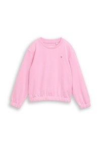 Różowa bluza z prążkowanymi ściągaczami na rękawach i dole, z małym logo truskawki na piersi. Miękki materiał o luźnym kroju.