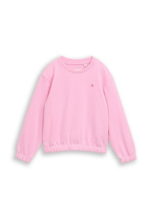 Roze sweatshirt met geribbelde boorden en zoom, voorzien van een klein aardbeienlogo op de borst. Zachte stof met een ontspannen pasvorm.