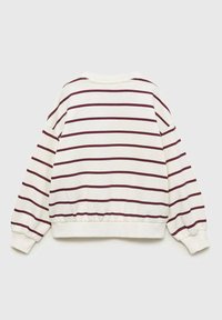 Randig sweatshirt i vitt med vinröda horisontella ränder, med rund halsringning, långa ärmar samt elastisk nedre kant och ärmslut.