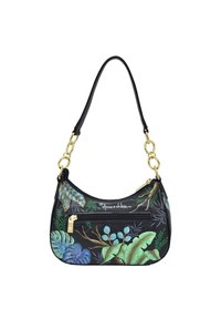 Zwarte handtas met kleurrijke bladkunst, gouden hardware en een gebogen vorm. Heeft een ritszak en een enkele schouderband.