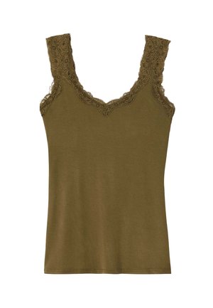 Débardeur vert olive en tissu lisse avec bordure en dentelle décorative le long de l'encolure et des épaules. Conception sans manches, forme ajustée.