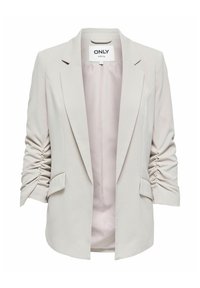 Blazer gris clair avec manches froncées, revers ajustés et deux poches avant. Tissu lisse et intérieur non doublé. Étiquette de la marque visible à l'intérieur.