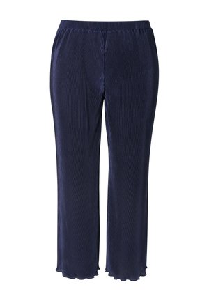 Navy blue corduroy pants with a soft texture, elastic waistband, wide legs, and scalloped edges at the hem, featuring vertical stripes.
