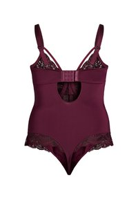 Burgundowy bodysuit z koronkowymi akcentami, regulowanymi paskami i wycięciem na plecach. Gładki materiał z dopasowaną sylwetką.