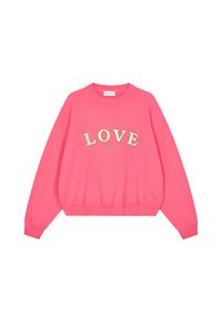Růžová mikina s nápisem "LOVE" ve žluté kontrastní barvě. Dlouhé rukávy a žebrovaný lem. Hladký bavlněný materiál.