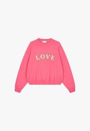 Rosa sweatshirt med ordet "LOVE" i kontrasterande gul text. Långärmad med ribbad fåll. Mjukt bomullsmaterial.