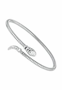 Brazalete en forma de serpiente plateada con un diseño flexible y enrollado. Las escamas texturizadas en la cabeza y el acabado suave en el cuerpo realzan su elegancia.
