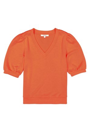 Oranje korte top met pofmouwen, V-hals en aansluitende boorden, maat small met het merkembleem "Garcia" aan de binnenkant van de kraag.