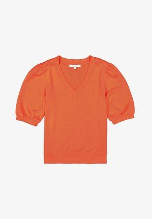 Oranje korte top met pofmouwen, V-hals en aansluitende boorden, maat small met het merkembleem "Garcia" aan de binnenkant van de kraag.