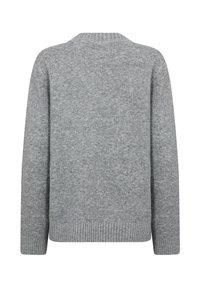 Hellgrauer Strickpullover mit rundem Ausschnitt, geripptem Saum und langen Ärmeln. Weiche Textur und schlichtes Design, geeignet für den Freizeitbereich.