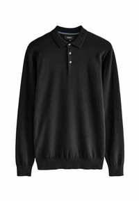 Polo de manga larga negro hecho de un material suave; presenta un cuello, tapeta de tres botones y un dobladillo ajustado.