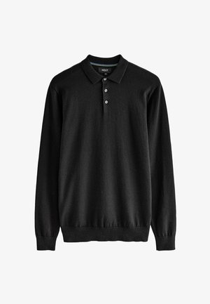 Polo a maniche lunghe nero realizzato in un materiale morbido; presenta un colletto, una patta con tre bottoni e un orlo aderente.