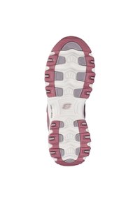 Skechers schoenzool met een witte, roze en paarse loopvlakpatroon, met het "S"-logo in het midden op een witte achtergrond.