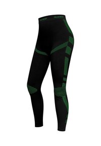 Schwarze Leggings mit grünen geometrischen Mustern und Akzenten. Ausgestattet mit einem breiten Taillenbund und strukturierten Bereichen um die Knie.