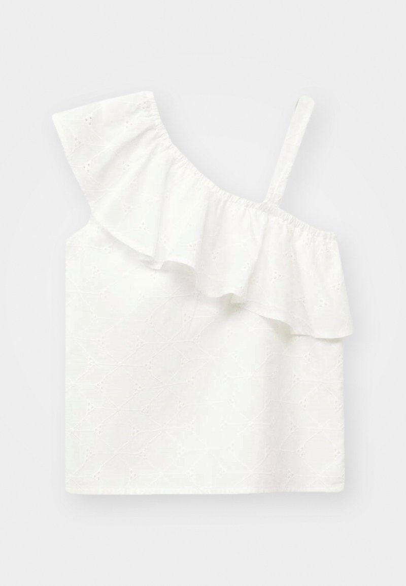 Biela top s jedným ramienkom a volánom. Vyrobený z textúrovaného materiálu s kvetinovými vzormi. Obsahuje tenký ramienkový popruh a voľný strih.