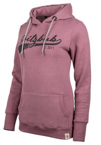 Hoody in mauve stof, met een voorkraam, contrasterende trekkoorden en een bedrukt logo op de borst. Ribgebreide manchetten en zoom.