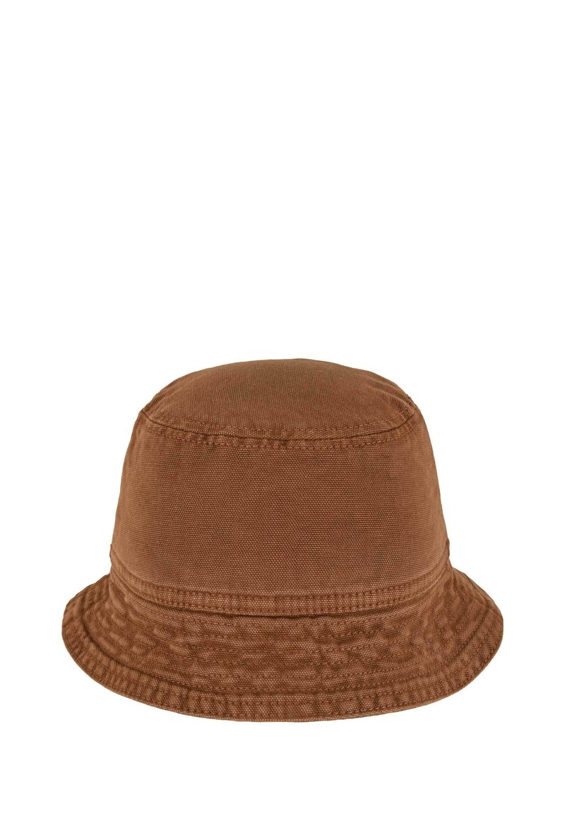 Brown cotton bucket hat with stitched brim and visible seam stitching on neutral background.