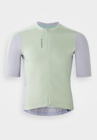 Radtrikot mit kurzen Ärmeln in mintgrünem Oberteil und helllila Ärmeln. Verfügt über einen Reißverschluss auf der Vorderseite und ein dezentes Logodetail auf der Vorderseite.