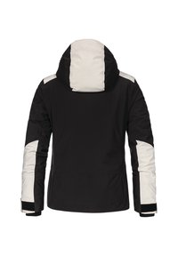 Schwarz-weiße Skijacke mit Kapuze, kontrastierenden Ärmelakzenten und Klettverschlussärmeln. Robustes Gewebe mit glatter Textur.